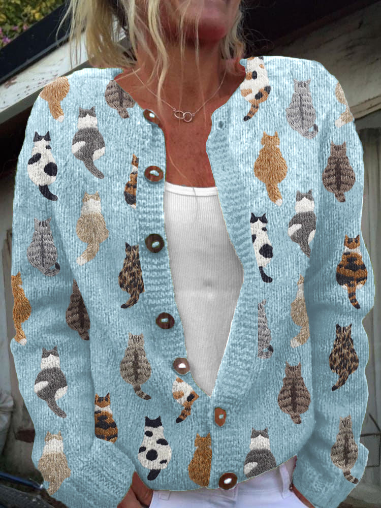 Marguerite — Cozy Artistic Cat Print Knit Cardigan