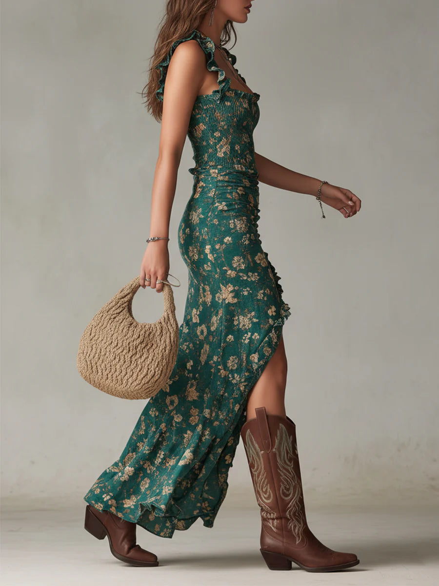 Flora Bohemian Maxi Dress — Floral Print with Ruffled Sleeves