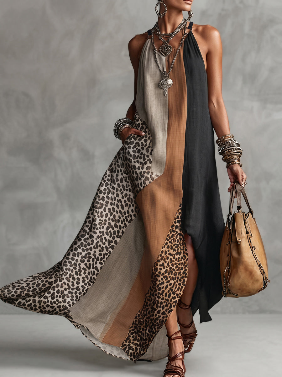 Lucia - Maxi Halter Dress with Leopard Print and Asymmetric Inserts