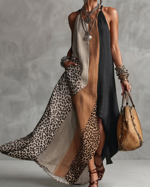Lucia - Maxi Halter Dress with Leopard Print and Asymmetric Inserts