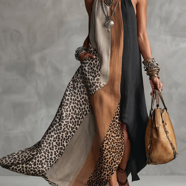 Lucia - Maxi Halter Dress with Leopard Print and Asymmetric Inserts
