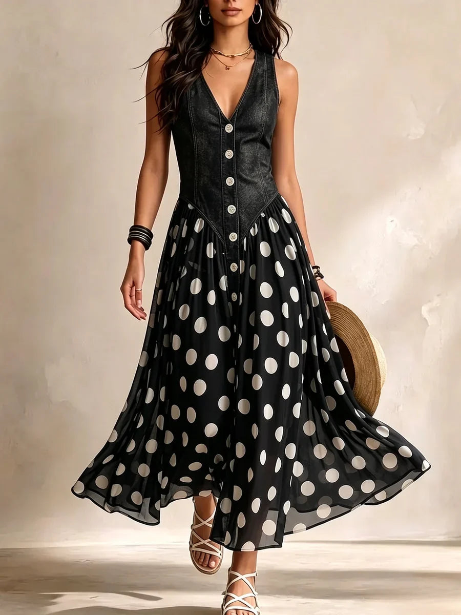 Océane - Long Denim Dress with Dots