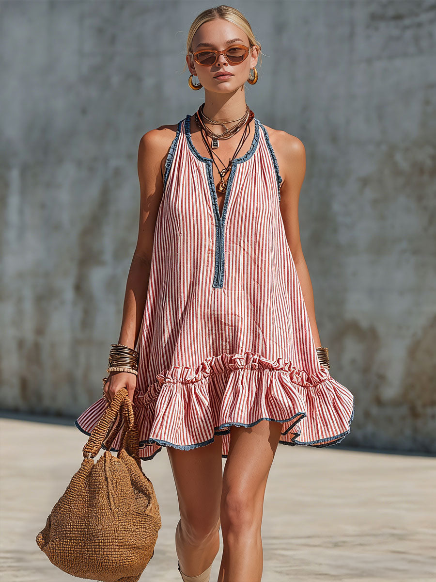 Lola – Sleeveless Striped Minidress with Ruffles and Round Neck