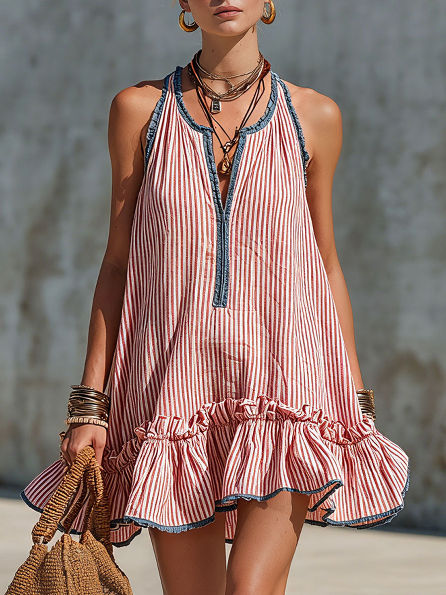 Lola – Sleeveless Striped Minidress with Ruffles and Round Neck