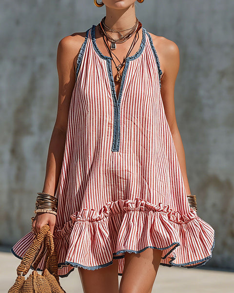 Lola – Sleeveless Striped Minidress with Ruffles and Round Neck
