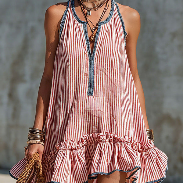 Lola – Sleeveless Striped Minidress with Ruffles and Round Neck
