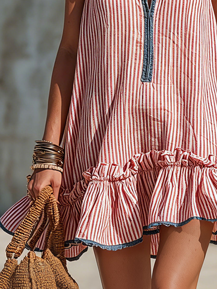 Lola – Sleeveless Striped Minidress with Ruffles and Round Neck