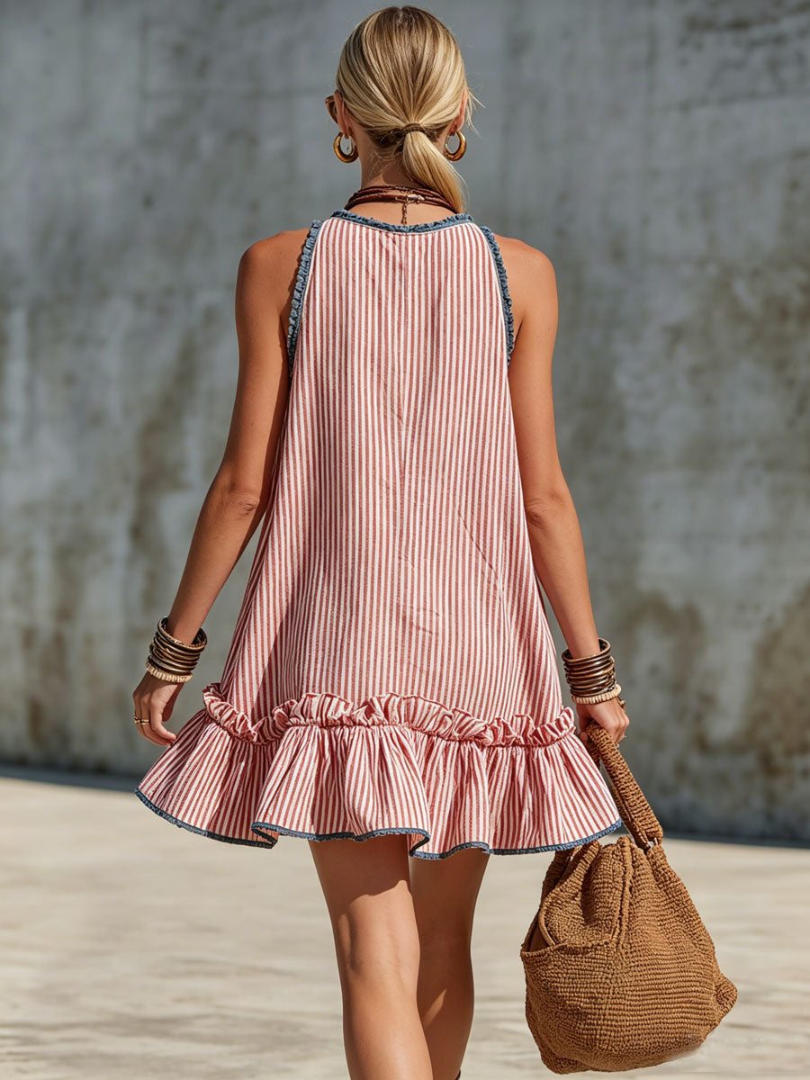 Lola – Sleeveless Striped Minidress with Ruffles and Round Neck