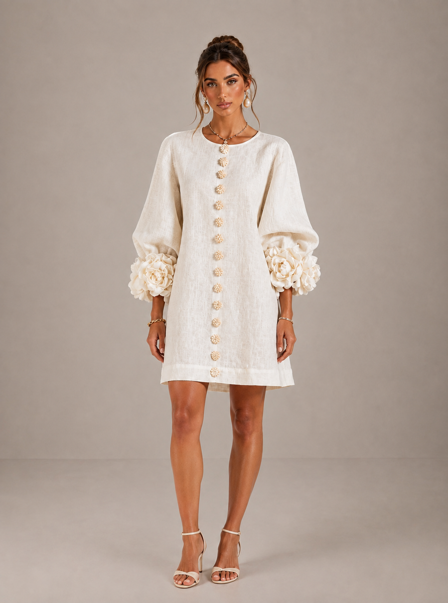 Alessia – Linen-Look Mini Dress with Puff Sleeves