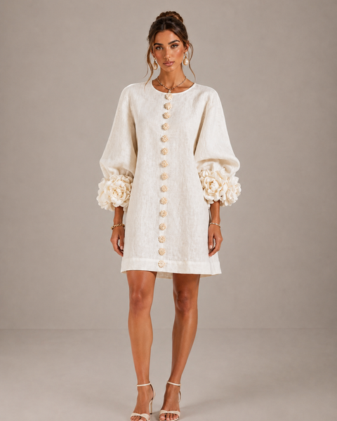Alessia – Linen-Look Mini Dress with Puff Sleeves