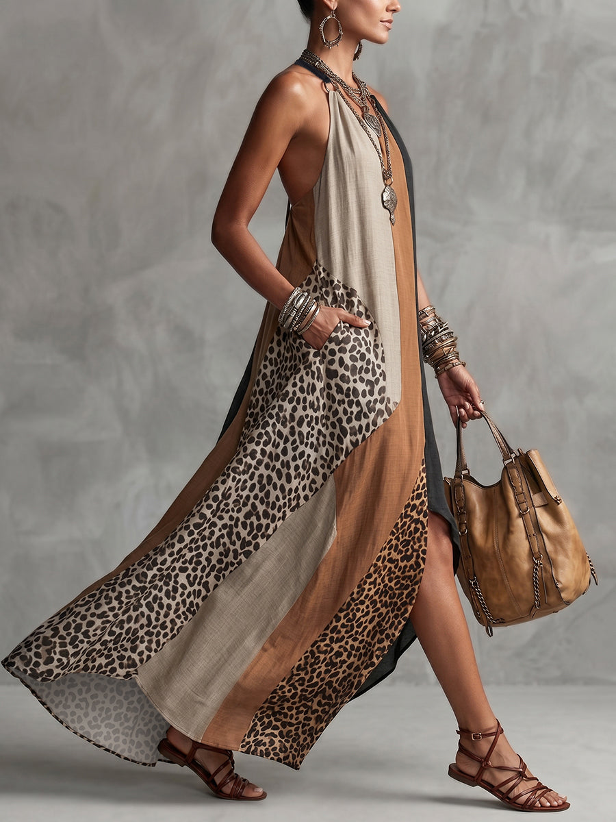Lucia - Maxi Halter Dress with Leopard Print and Asymmetric Inserts