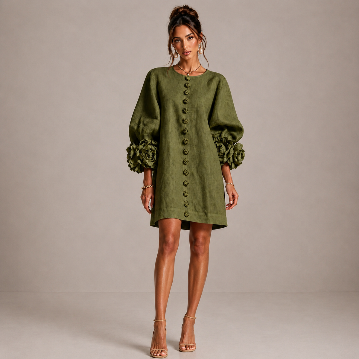 Alessia – Linen-Look Mini Dress with Puff Sleeves