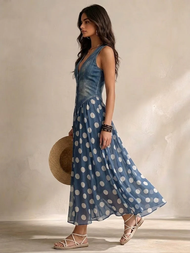 Océane - Long Denim Dress with Dots
