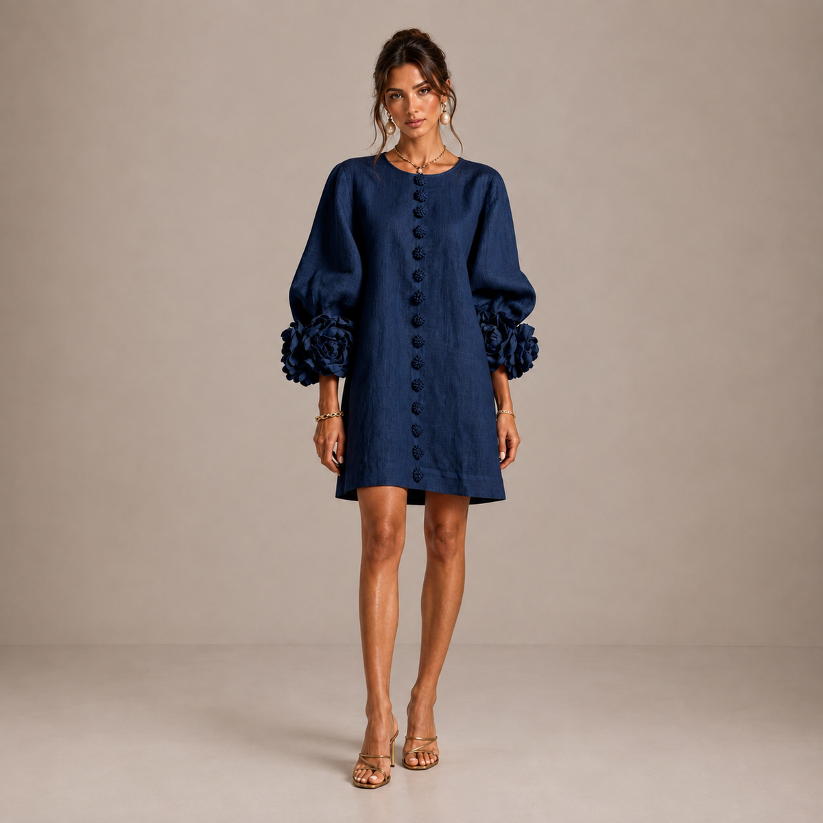 Alessia – Linen-Look Mini Dress with Puff Sleeves
