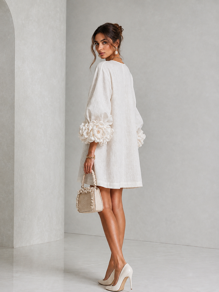 Alessia – Linen-Look Mini Dress with Puff Sleeves