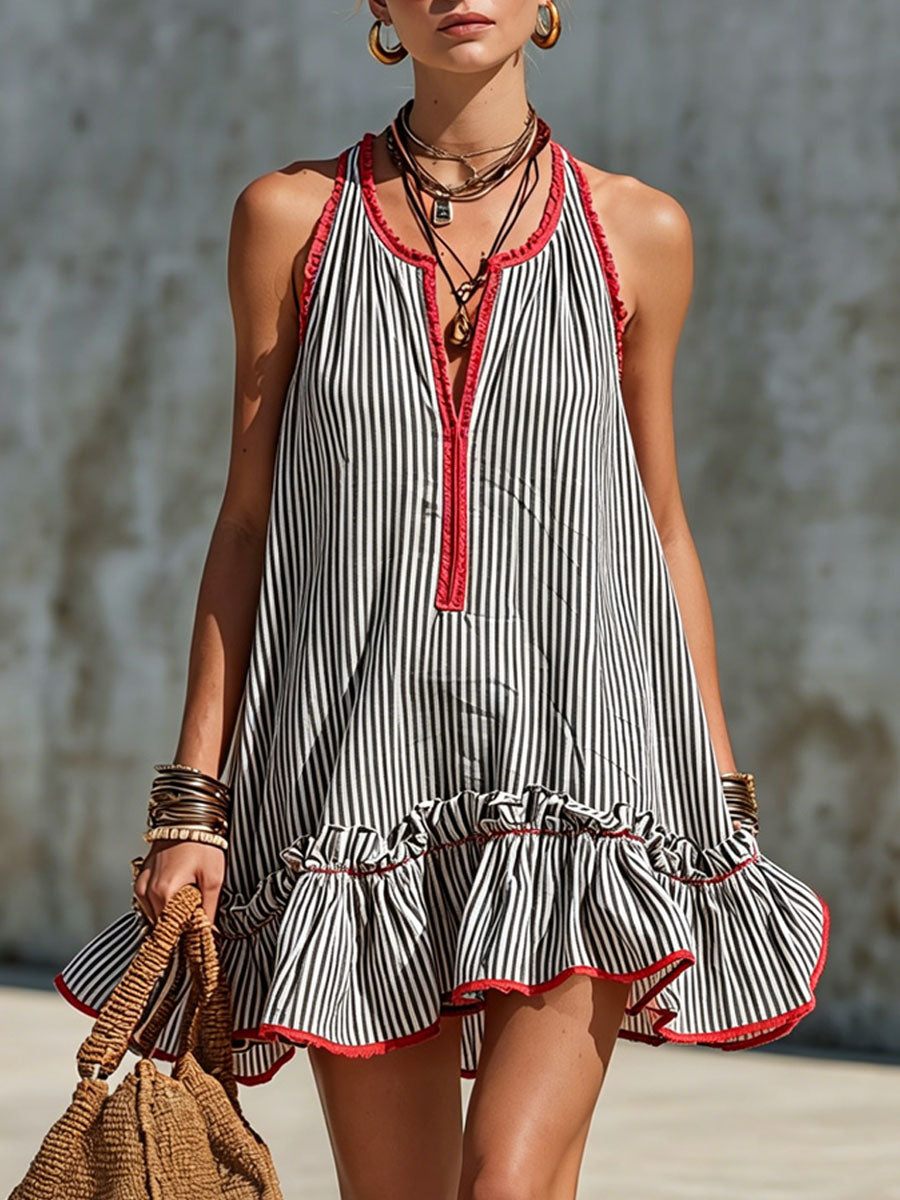 Lola – Sleeveless Striped Minidress with Ruffles and Round Neck
