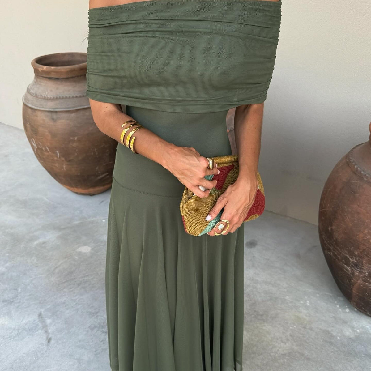 Marisol – Off-Shoulder Draped Tulle Maxi Dress