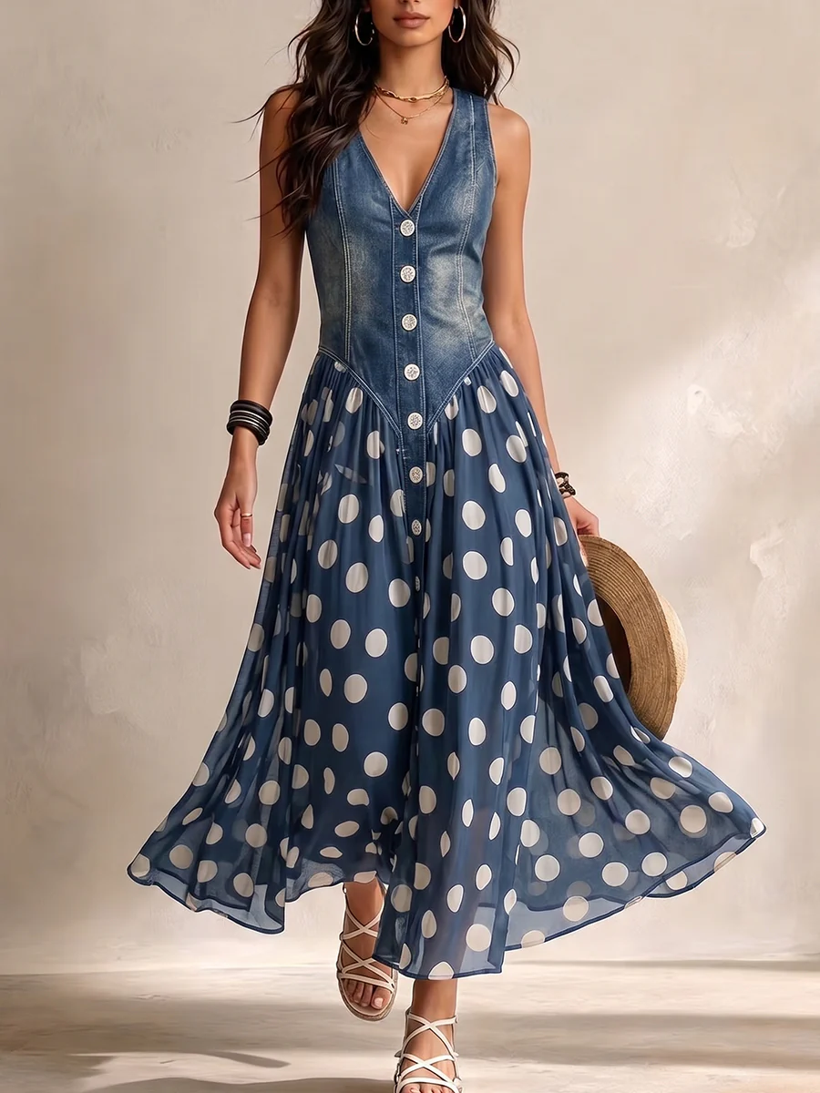 Océane - Long Denim Dress with Dots