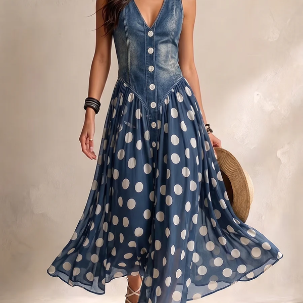 Océane - Long Denim Dress with Dots