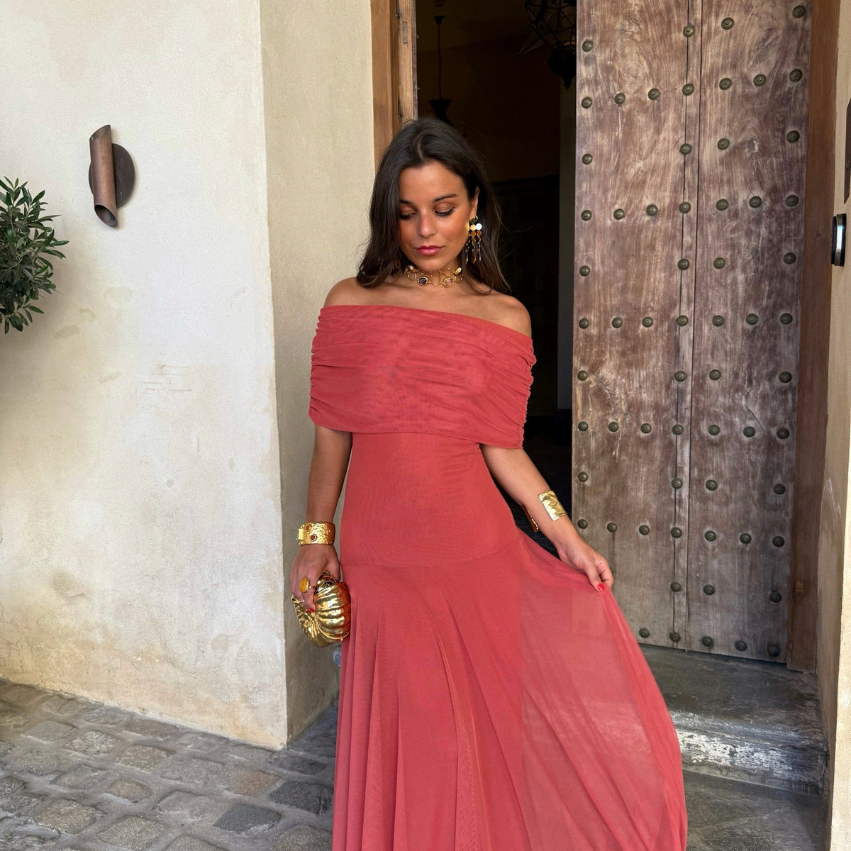 Marisol – Off-Shoulder Draped Tulle Maxi Dress