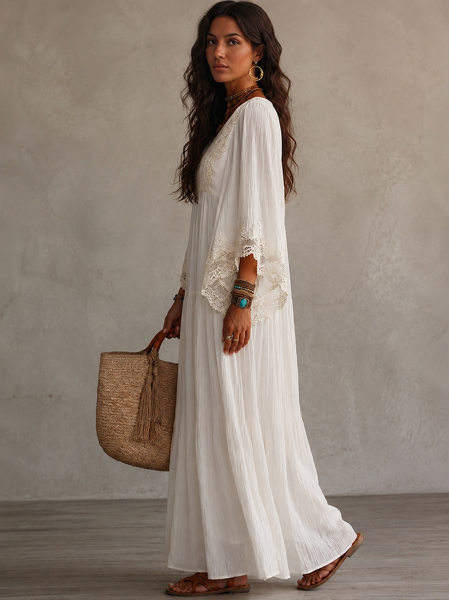 Isla Boho Maxi Dress — Ivory Chiffon and Romantic Lace