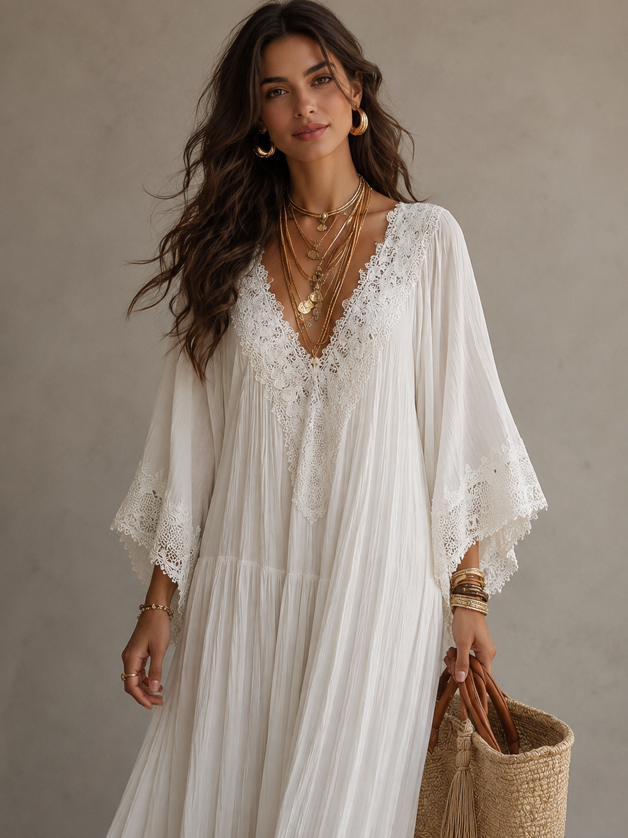 Isla Boho Maxi Dress — Ivory Chiffon and Romantic Lace