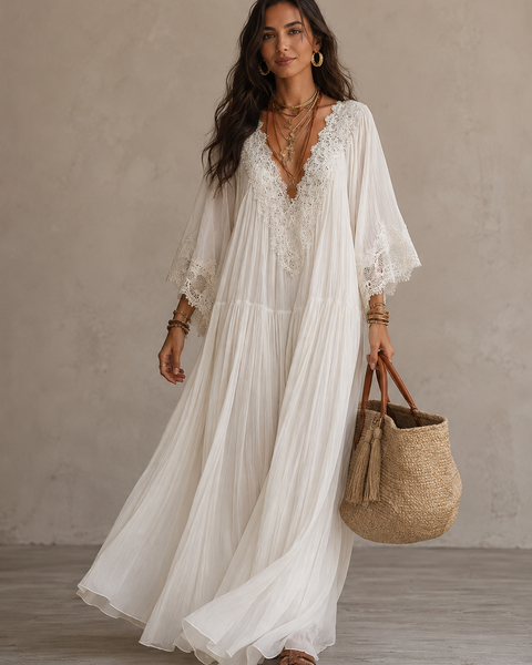 Isla Boho Maxi Dress — Ivory Chiffon and Romantic Lace