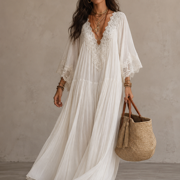Isla Boho Maxi Dress — Ivory Chiffon and Romantic Lace