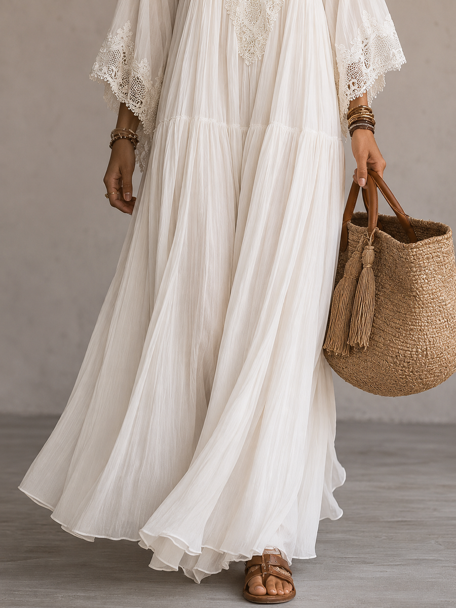Isla Boho Maxi Dress — Ivory Chiffon and Romantic Lace