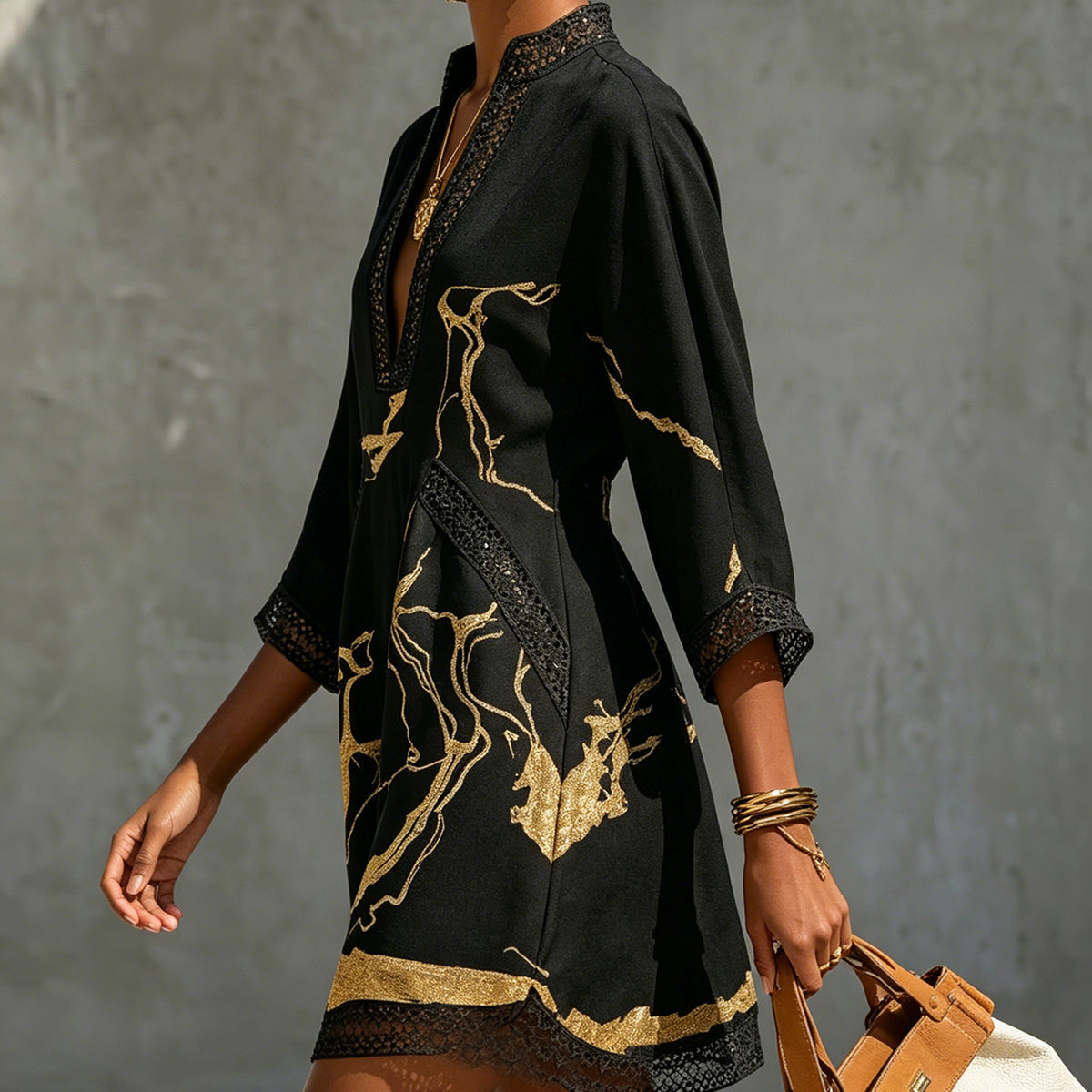 Aurelia - Black Marble Print Minidress with Crochet Lace
