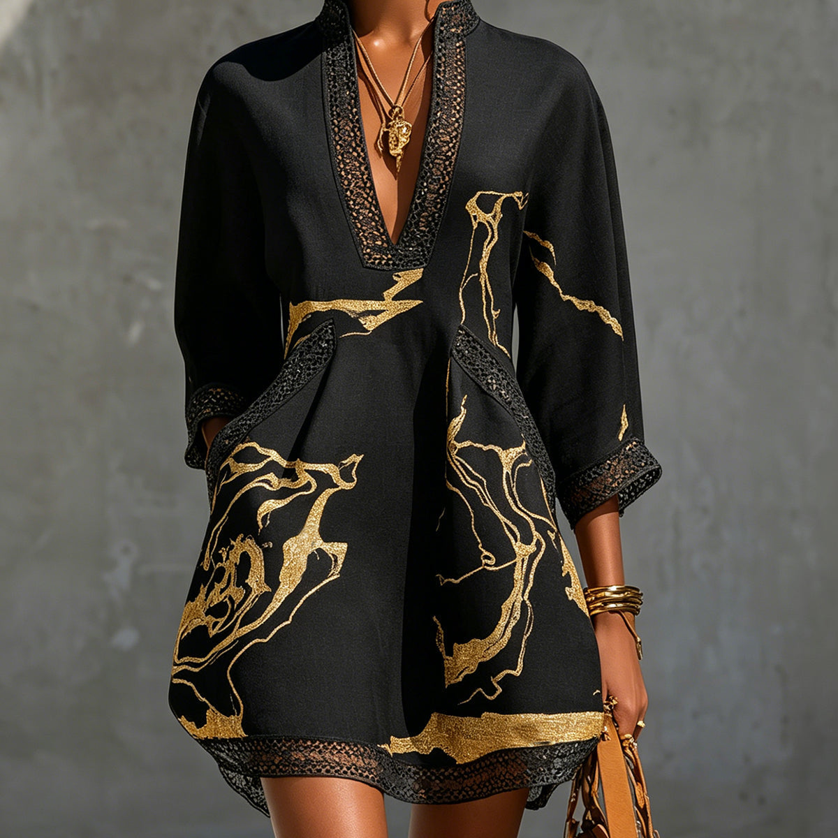 Aurelia - Black Marble Print Minidress with Crochet Lace