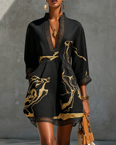 Aurelia - Black Marble Print Minidress with Crochet Lace