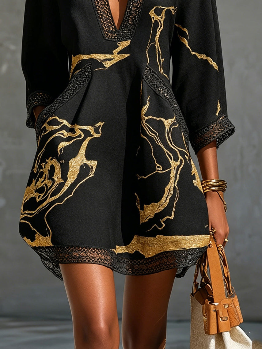 Aurelia - Black Marble Print Minidress with Crochet Lace