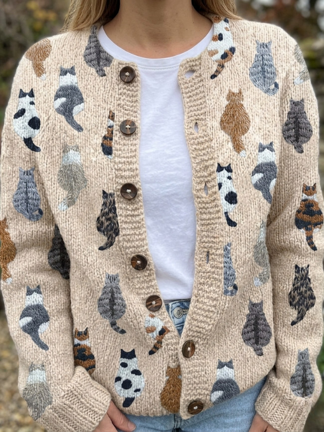 Marguerite — Cozy Artistic Cat Print Knit Cardigan