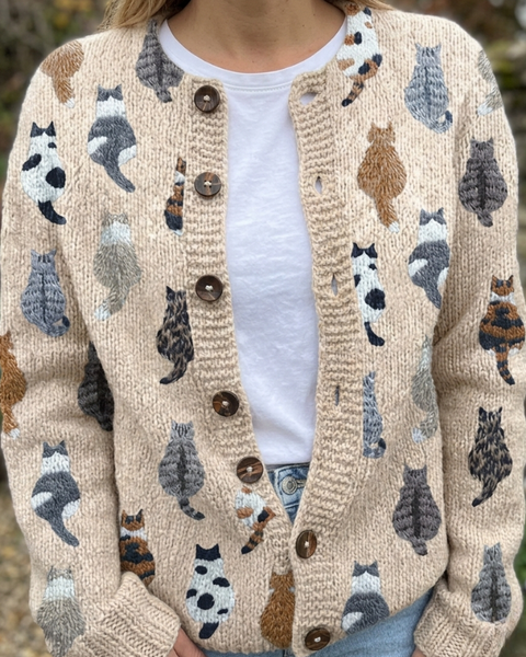 Marguerite — Cozy Artistic Cat Print Knit Cardigan