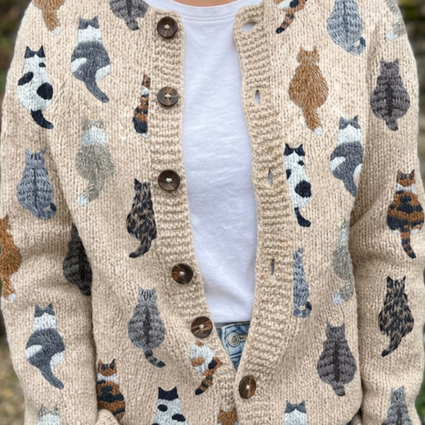 Marguerite — Cozy Artistic Cat Print Knit Cardigan