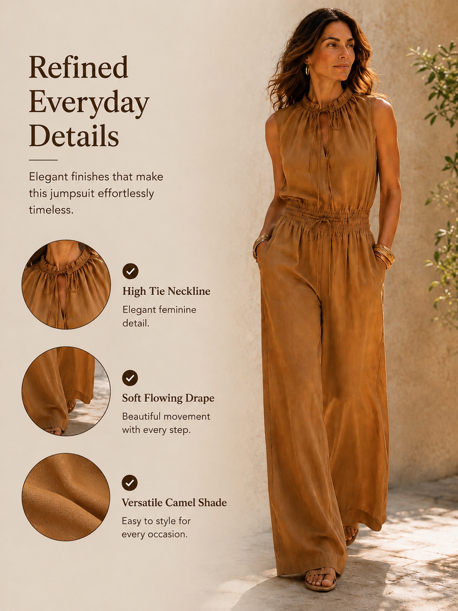 Zenaide - Camel-Coloured Jumpsuit with High Tied Neckline and Wide Leg