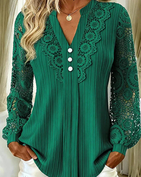 Valeria – V-Neck Pleated Top with Lace Sleeves